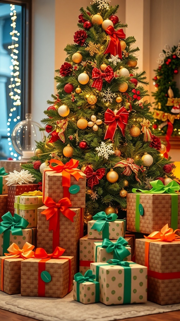 A Christmas tree with large wrapped gifts underneath, decorated with ribbons and lights.